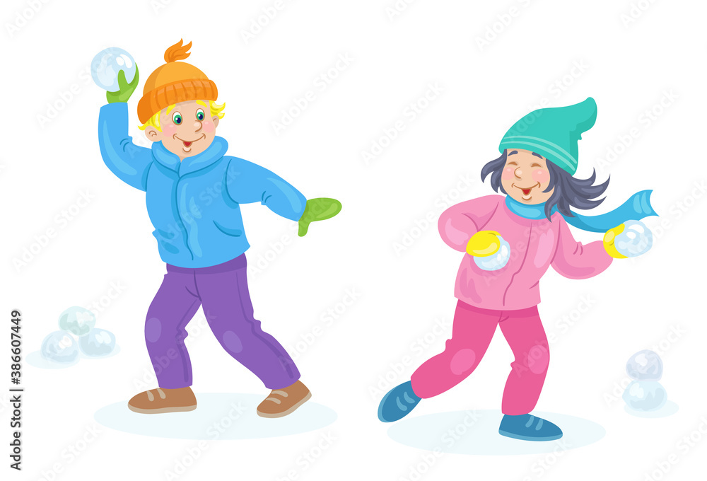 Children in winter. Cute little girl and funny boy are playing snowballs. In cartoon style. Isolated on white background. Vector flat illustration. Children in winter. Cute little girl and funny boy are playing snowballs. In cartoon style. Isolated on white background. Vector flat illustration.
