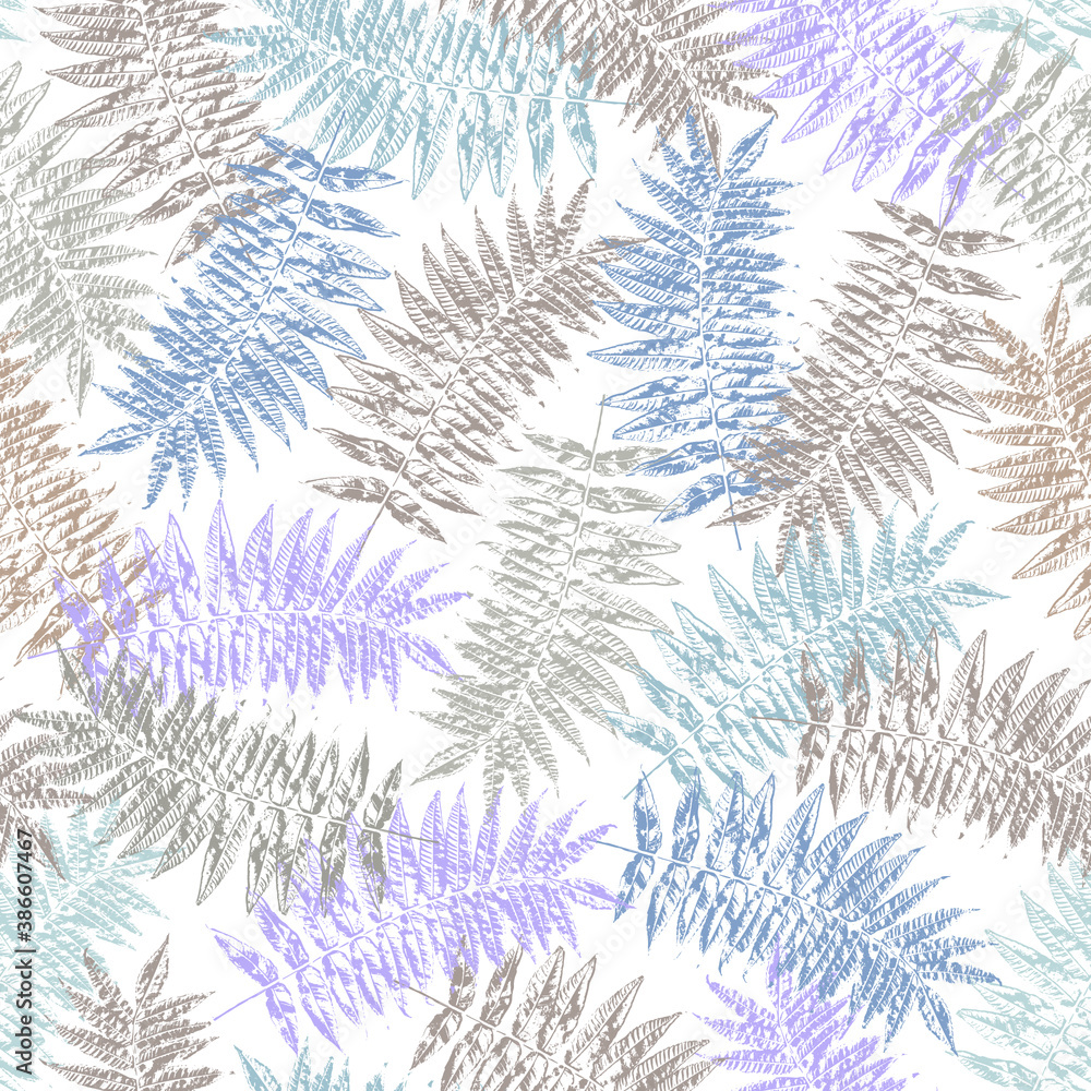 Seamless pattern with imprints of the leaves of trees. Endless texture for the design of nature, fabric, decorative background. Vector stock illustration.