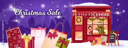 Winter Christmas sale background with decorated shop showcase, presents, boxes, bags. X-mas holiday shopping banner with gifts, pine tree, snow, festive lights. Christmas sale promotional illustration