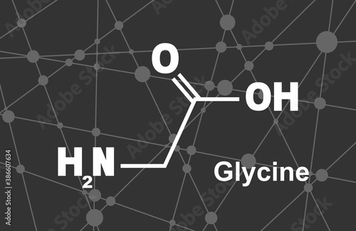 Glycine - main amino acid and inhibitory neurotransmitter. Chemical molecular formula. Lines and dots connected background