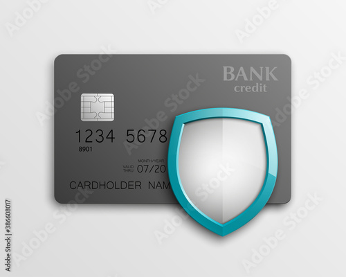 Protection shield credit card. Safety badge banking card. Safeguard finans icon. Security shield Plastic card software. Debit card guard electromagnetic chip. Privacy Electronic money funds transfer.