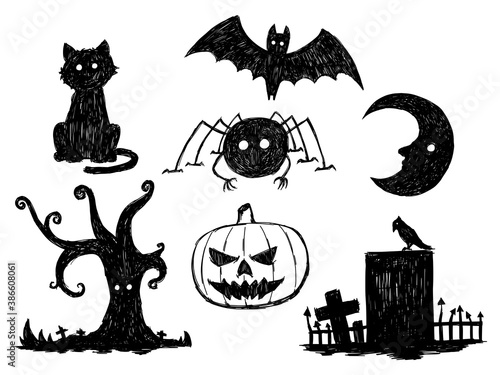 Set of Halloween decorations doodle hand drawn, Halloween concept, Hand drawn vector design	