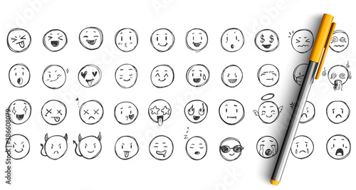 Face expressions doodle set. Collection of pencil ink hand drawn sketches templates patterns of funny happy and upset faces emoticons. Positive and negative social media emoji illustration.