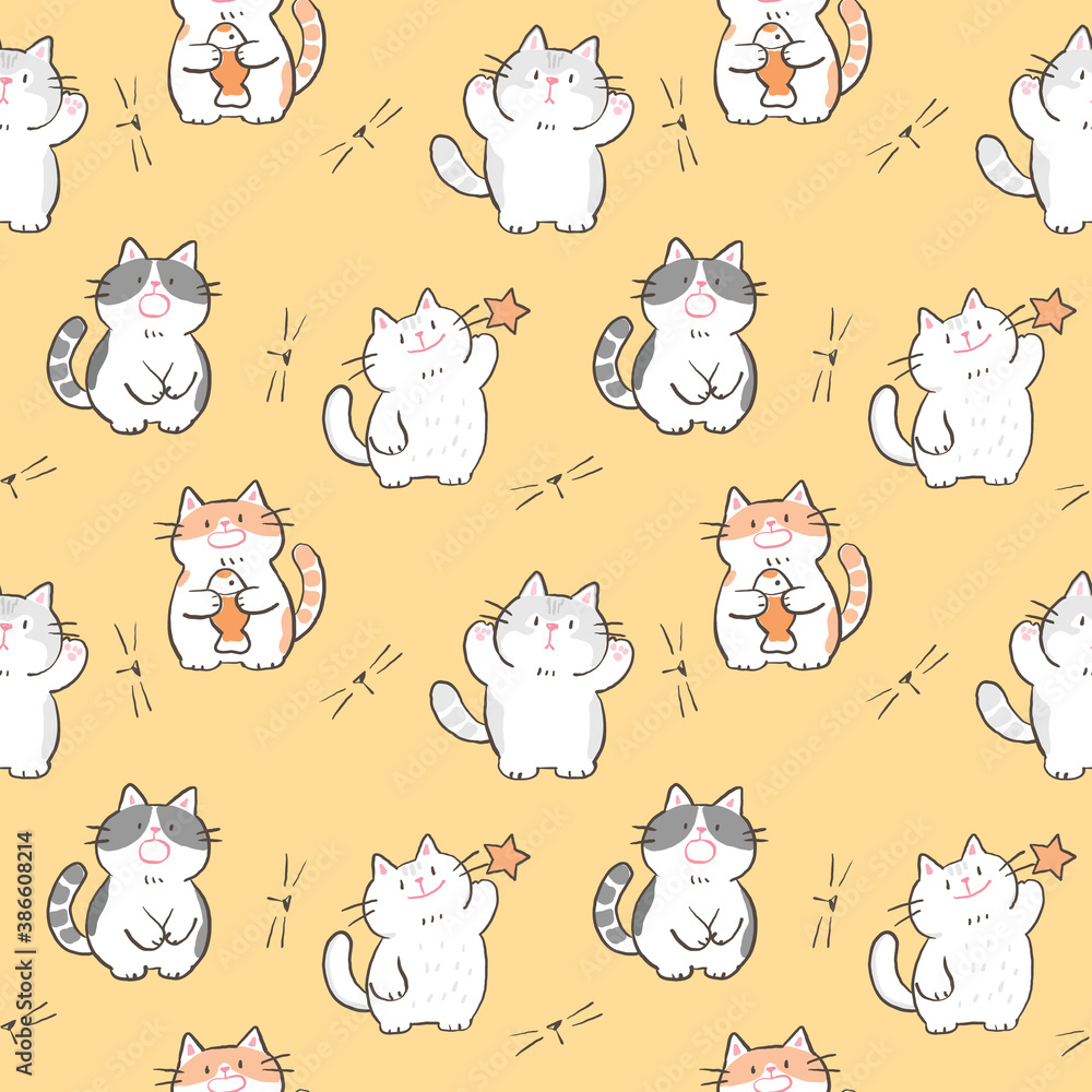 Seamless Pattern with Cute Cartoon Cat Design on Yellow Background Seamless Pattern with Cute Cartoon Cat Design on Yellow Background