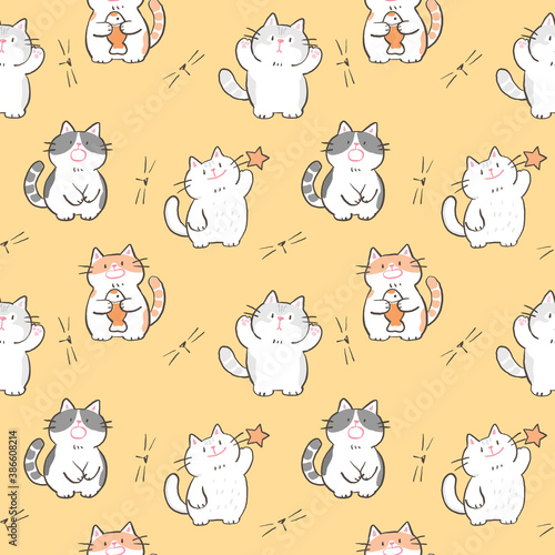 Seamless Pattern with Cute Cartoon Cat Design on Yellow Background