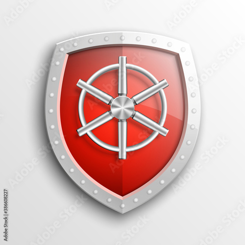 Protection guard shield concept with safety handwheel. Safety badge helm icon. Privacy Safe door handle banner. Security bright label. Presentation shining sticker shield shape. Defense safeguard sign