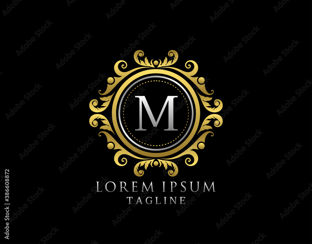 Naklejka premium Royal Circle M Letter Logo. Luxury Circle Badge Gold design for Boutique, Royalty, Letter Stamp, Hotel, Heraldic, Jewelry, Restaurant, Wedding.