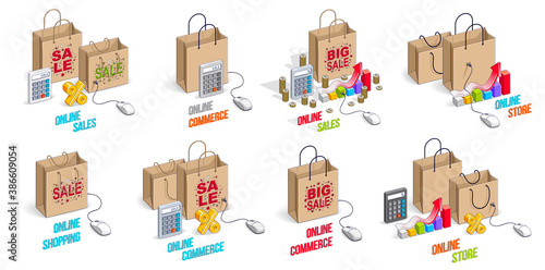 Online shop internet retail sale vector 3D illustrations set isolated on white background, shopping bags with pc mouse, store discount, black Friday concept, clearance.