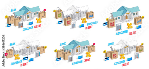 Different finance concepts illustrations 3D vector set isolated on white background, business and money conceptual designs collection, savings, bank, contract, income, safety, online.