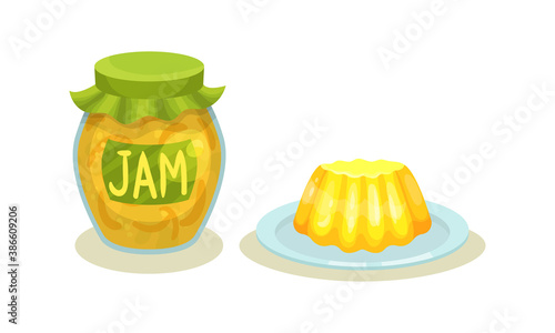 Lemon Jam in Glass Jar and Pudding Vector Set