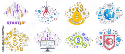 Different business money and finance concepts vector illustrations set, trendy design drawings commercial theme collection, a lot of icons and symbols included, elements can be used separately.