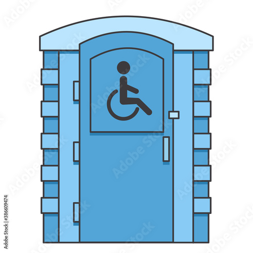 Toilet for disabled people. Mobile portable bio toilet icon. Front view. Blue plastic closet WC. Vector iIllustration isolated on white background.