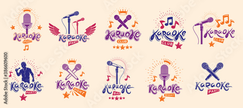 Karaoke logos and emblems vector set, microphones and musical notes singing party or club compositions isolated collection, music entertainment nightlife weekend holidays or birthday theme.