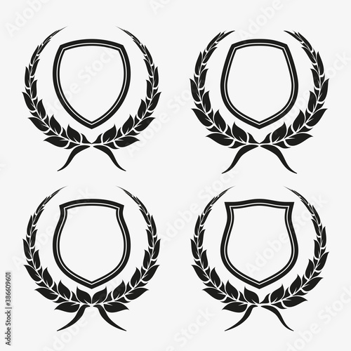 Protect guard shield wreath concept. Outline shield badge. Safety icon set. Privacy banner kit. Security label. Flat style protect garland sticker symbol shape. Safeguard simple sign wreath pictogram