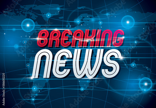 Breaking News vector background, world news TV or internet channel translation, illustration with world map and typing, news website or blog, live news, video or articles. Vector design.