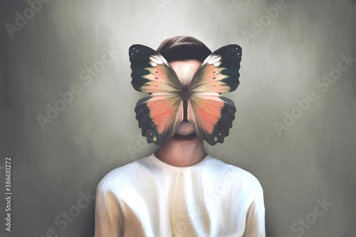 illustration of attractive woman with butterfly flying over her face, surreal concept