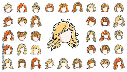 Woman hairstyles heads vector illustrations set isolated on white background, girl attractive beautiful haircuts collection, different hair color.