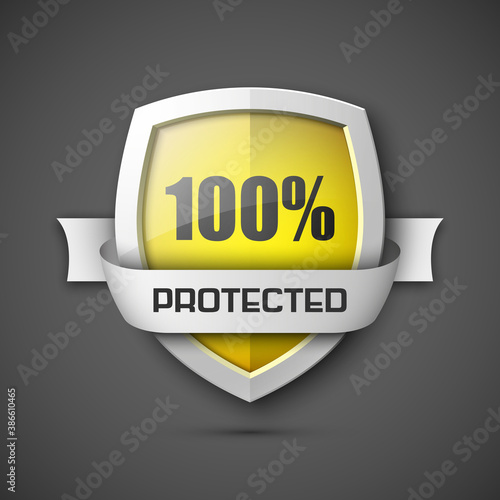 100% Protected guard shield concept. 100% safety badge icon. Privacy guarantee shield banner. Security guarantee label. Defense tag. Presentation shining sticker shape. Defense safeguard shield
