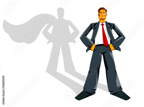 Big boss businessman stands confident and serious like a superhero vector illustration, powerful business man, manager capitalism success.