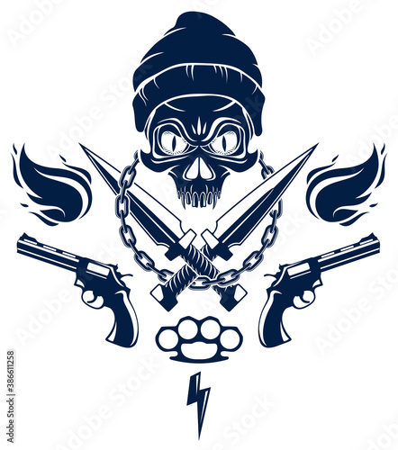 Revolution and Riot wicked emblem or logo with aggressive skull, weapons and different design elements , vector tattoo, anarchy and chaos, rebel partisan and revolutionary.