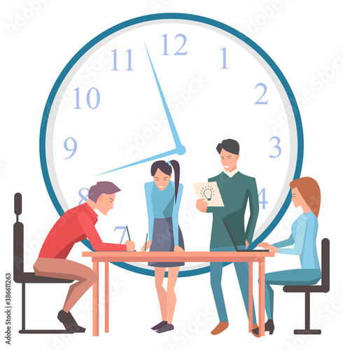 Time management meeting of workers vector, problems at work flat style character on meeting. Conference of people experts by table with laptops and clock