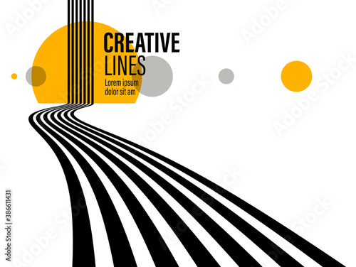 3D black and white lines in perspective with yellow elements abstract vector background, linear perspective illustration op art.
