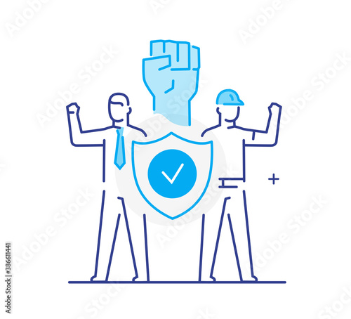 trade union, worker protests. Activist, policy, volunteer, protest. Flat illustration Icons infographics. Landing page site print poster. Eps vector.