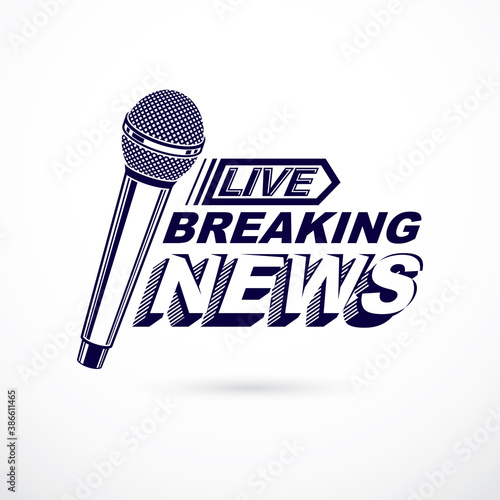 Hot news conceptual logo composed using breaking live news writing and press microphones. Global broadcasting theme illustration.