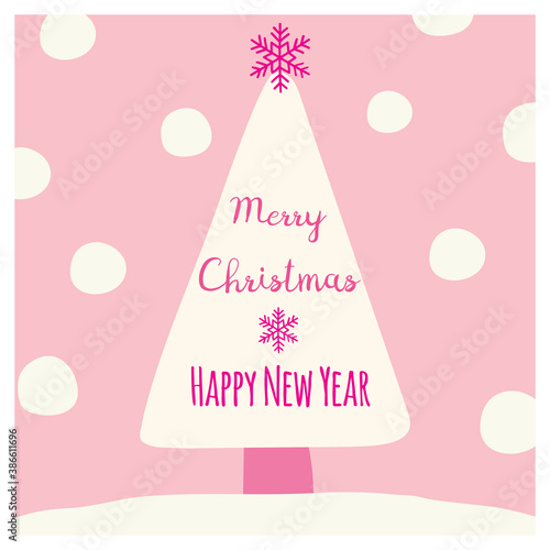 Cute Merry Christmas greeting card with pink lettering on a tree, snow and snowflake illustration. Vector design elements. Great for stickers, labels, tags, and icons.