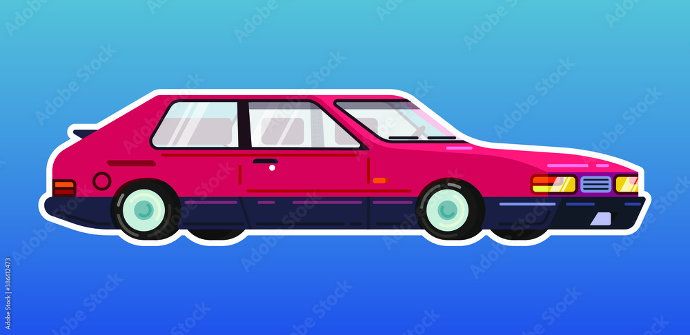 Vector illustration of red passenger car on blue background with perspective side view. Art for vehicle rent banner or carsharing advertisment.  Automobile on sale concept.