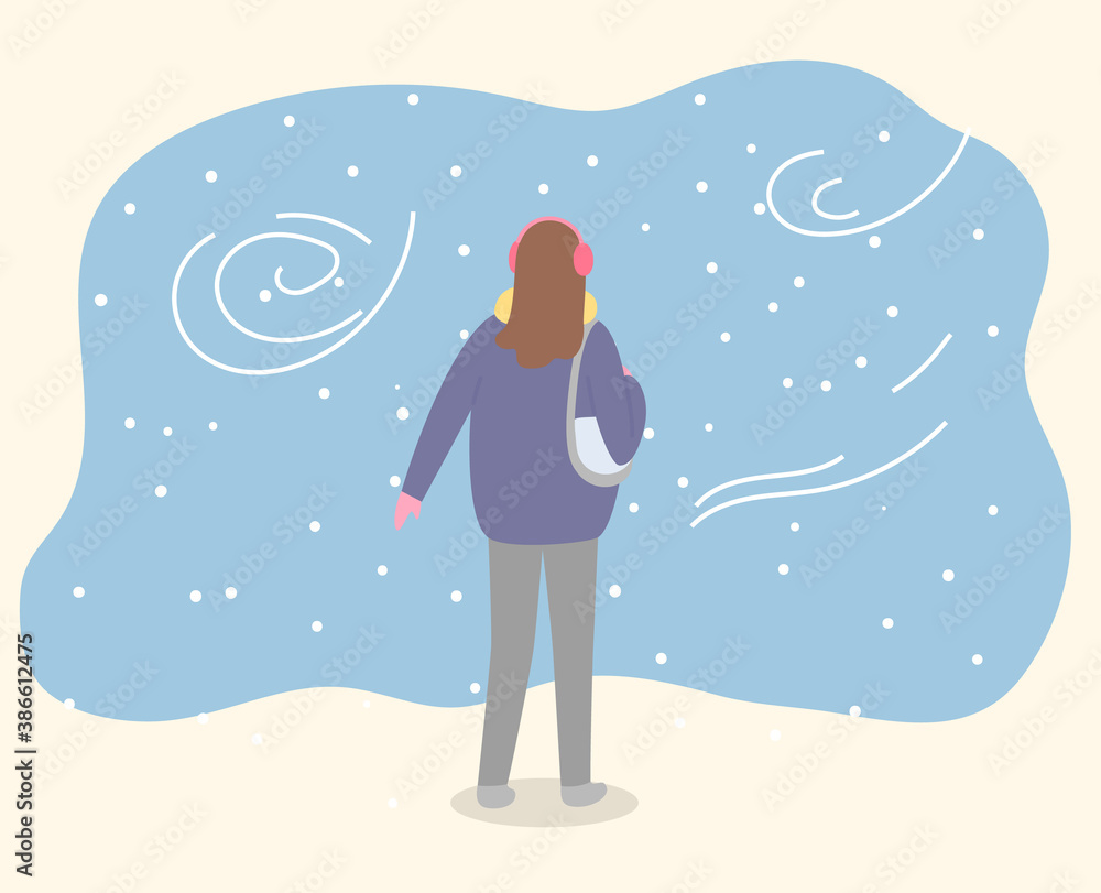 Woman stand in winter park alone. Lady walk through forest in warm clothes like coat and with handbag. Beautiful snowy landscape with windy weather. Vector illustration of walking in flat style Woman stand in winter park alone. Lady walk through forest in warm clothes like coat and with handbag. Beautiful snowy landscape with windy weather. Vector illustration of walking in flat style