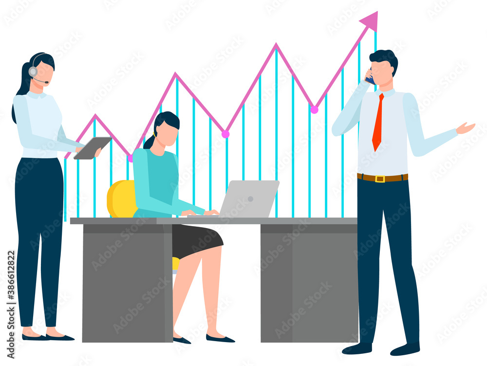 Obraz premium Teamwork of professionals vector, analysis of data and stats of business projects. Man and woman, boss talking on phone and secretary clicking on tablet. Assistant of company director businessman