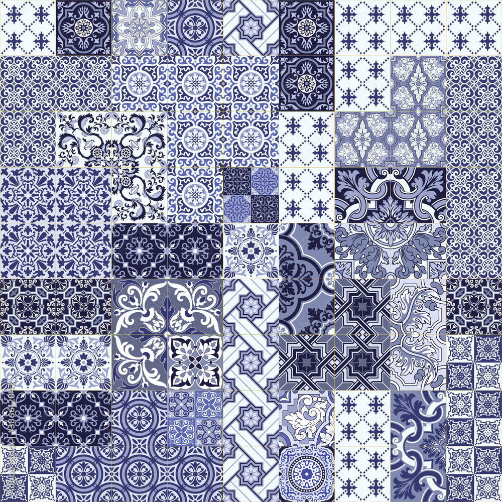 Blue Azulejos tiles patchwork wallpaper abstract vector seamless pattern 