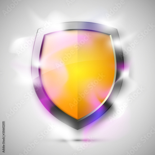 Protected guard shield concept in smoke. Safety badge smoke icon. Privacy banner shield. Security color label. Defense tag. Presentation shining sticker shape. defense safeguard shield in smoke