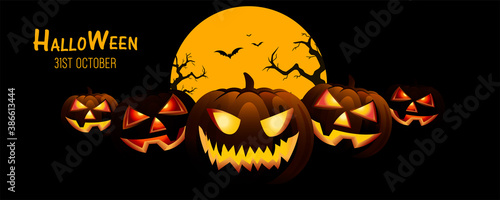 Groups of Spooky Halloweens, scary black Halloween pumpkins on a dark background with jack o lantern - Happy Halloween, used in Halloweens concept designs.