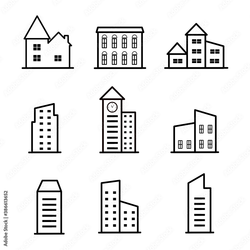 Buildings icon set on white background. Buildings icon set on white background.