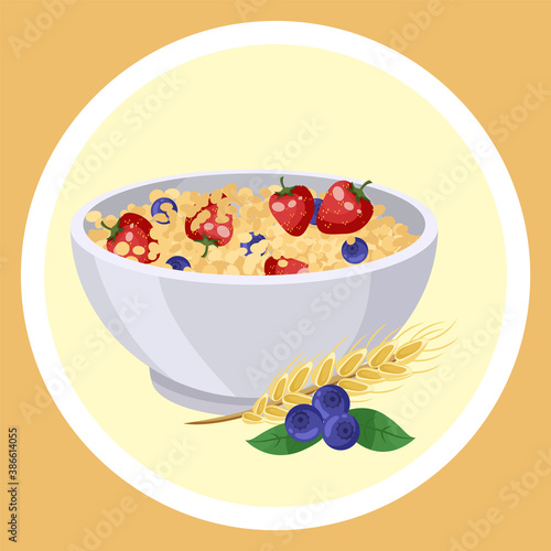 Natural oatmeal porridge with strawberries, blueberries, cereals in bowl. Sweet dessert or morning meal. Organic dish. Healthy eating, keeping diet. Summer berries. Colorful web icon in cartoon style