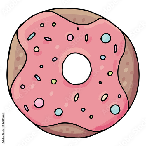 round delicious donut with pink icing and sprinkling, vector element, cute drawing for kids, kawaii sweets