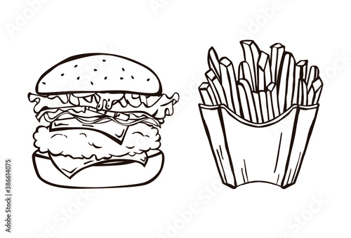 Vector illustration of a hamburger and fries on a white background, hand drawn with brown stroke. Fast food. Menu.