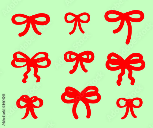 Various red bows on the background. Collection. Vector illustration.