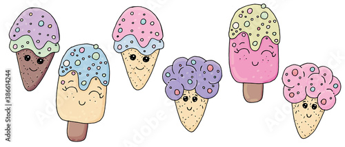 cute ice creams with eyes, icing and sprinkling of pink, yellow, lilac flowers, vector set of elements, cute drawing for kids