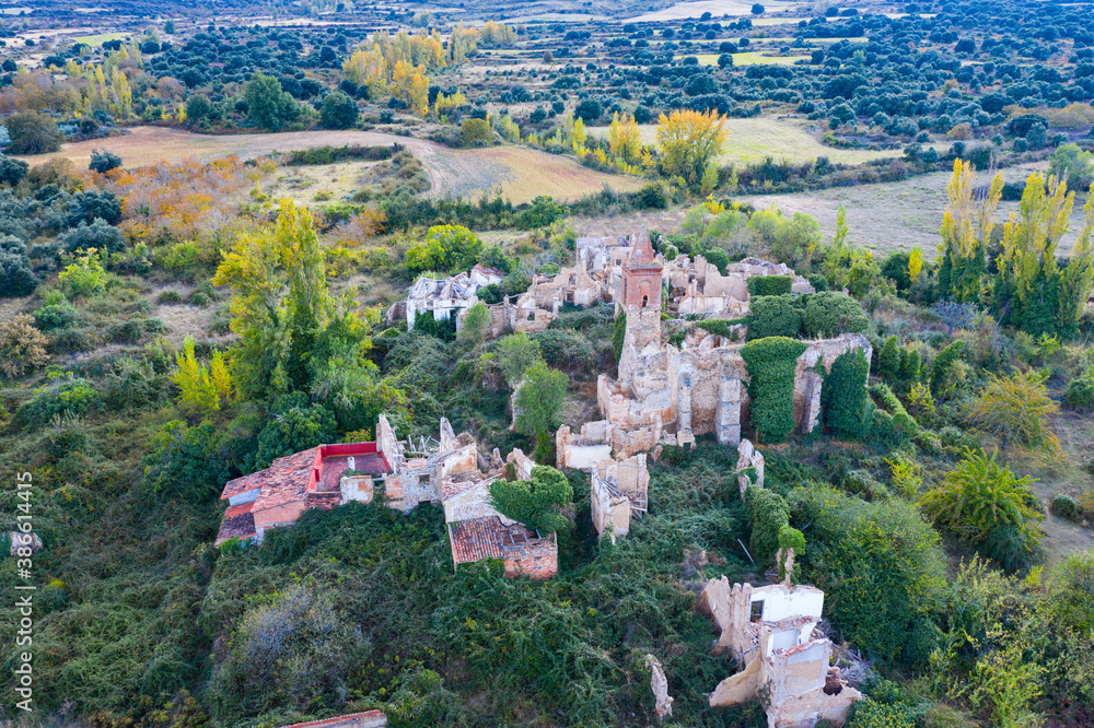 Aerial view of the Despoblado de Oteruelo in the Ocón Valley in the autonomous community of La Rioja, Spain, Europe
