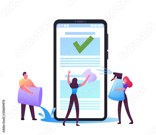 Tiny Male and Female Characters Spraying and Pouring Water on Huge Mobile Phone. Waterproof Smartphone Tech Concept