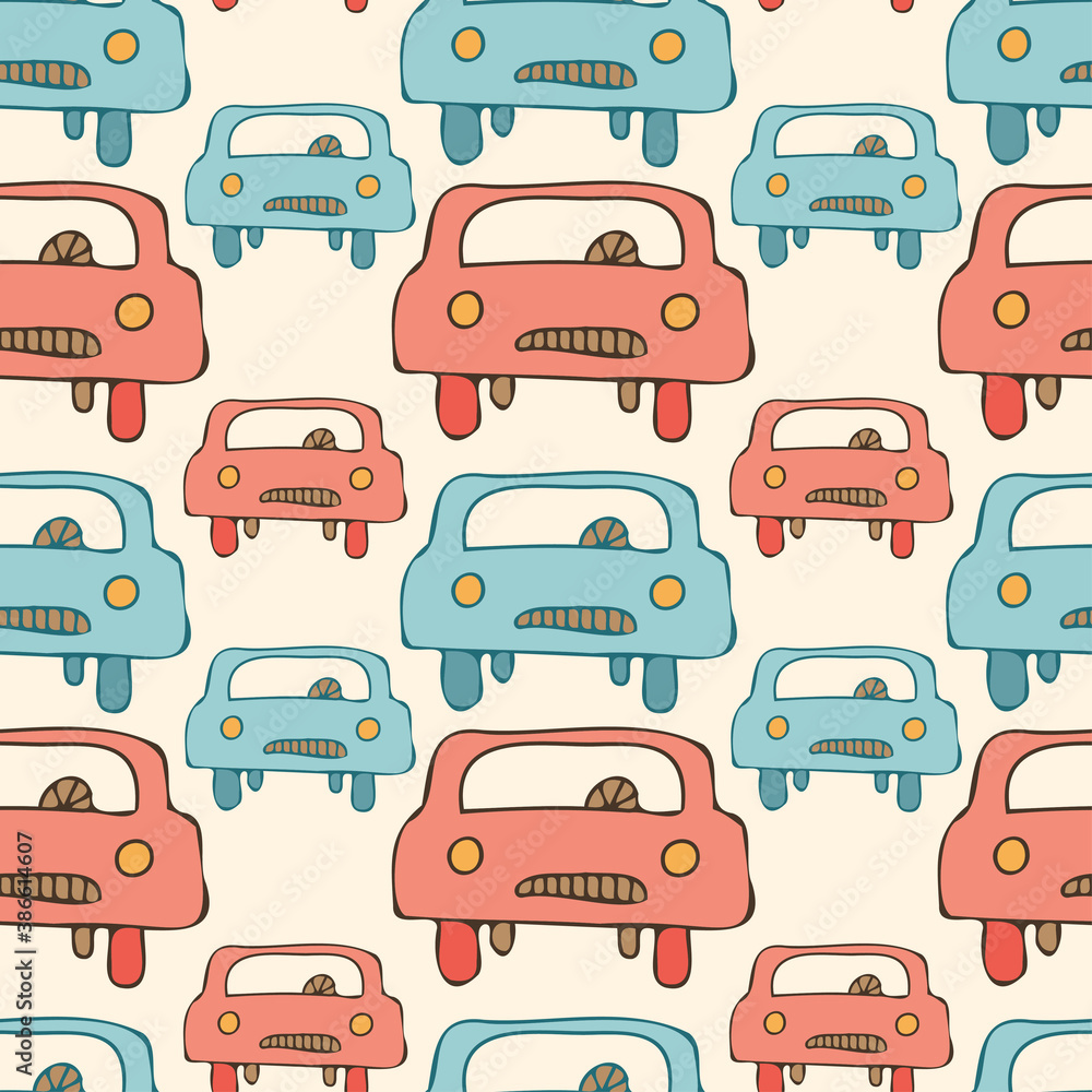Fototapeta premium Seamless vector pattern of vintage blue and pink old cars on pastel yellow background