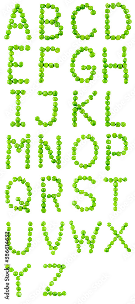 Full alphabet of letters made of green peas. Isolated on white background. Full alphabet of letters made of green peas. Isolated on white background.
