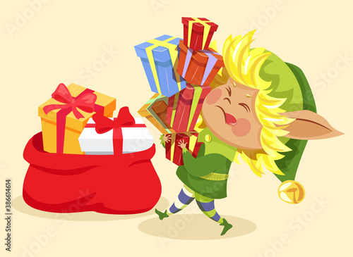 Elf carrying gift boxes pile to bag or sack with Christmas presents. Santa helper working hard, fairy tale character in green costume. Winter holiday symbol, magic creature vector illustration