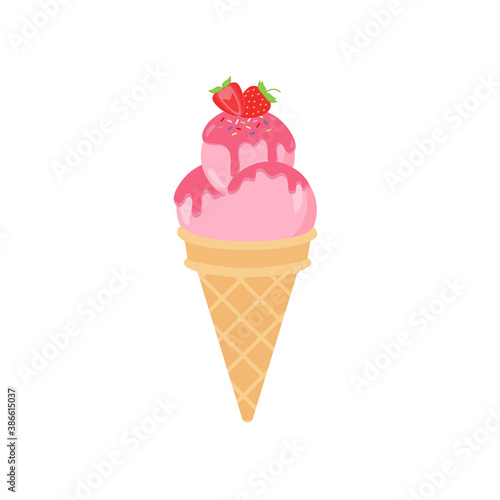 Ice cream cone waffle cartoon including various flavored ice cream and chocolate ice cream strawberry vanilla topper sundae strawberry chocolate sauce caramel sauce vector illustration