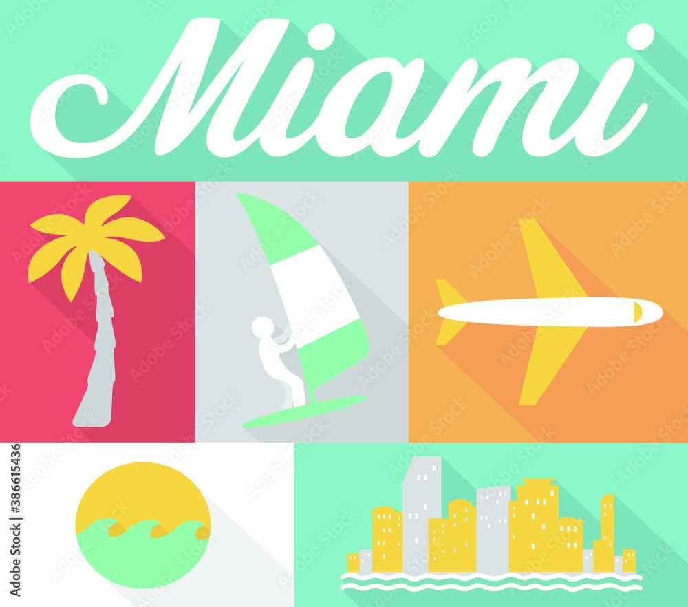 Miami City And Summer Vector Travel Icon Set