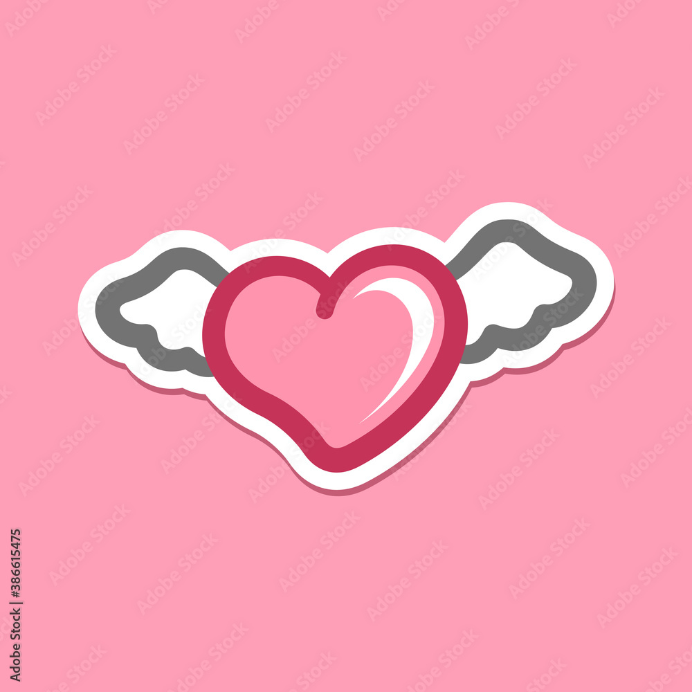 Pink heart with white angel wings sticker label patch icon design. Simple cute flat vector illustration. Valentine's day, cupid, love, sign, symbol. Pink background with white outline. Pink heart with white angel wings sticker label patch icon design. Simple cute flat vector illustration. Valentine's day, cupid, love, sign, symbol. Pink background with white outline.