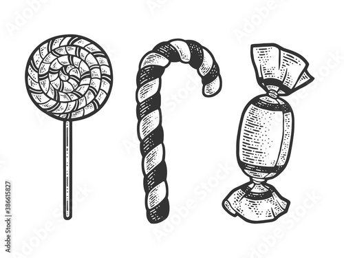 Lollipop sugar candies set sketch engraving vector illustration. T-shirt apparel print design. Scratch board imitation. Black and white hand drawn image.